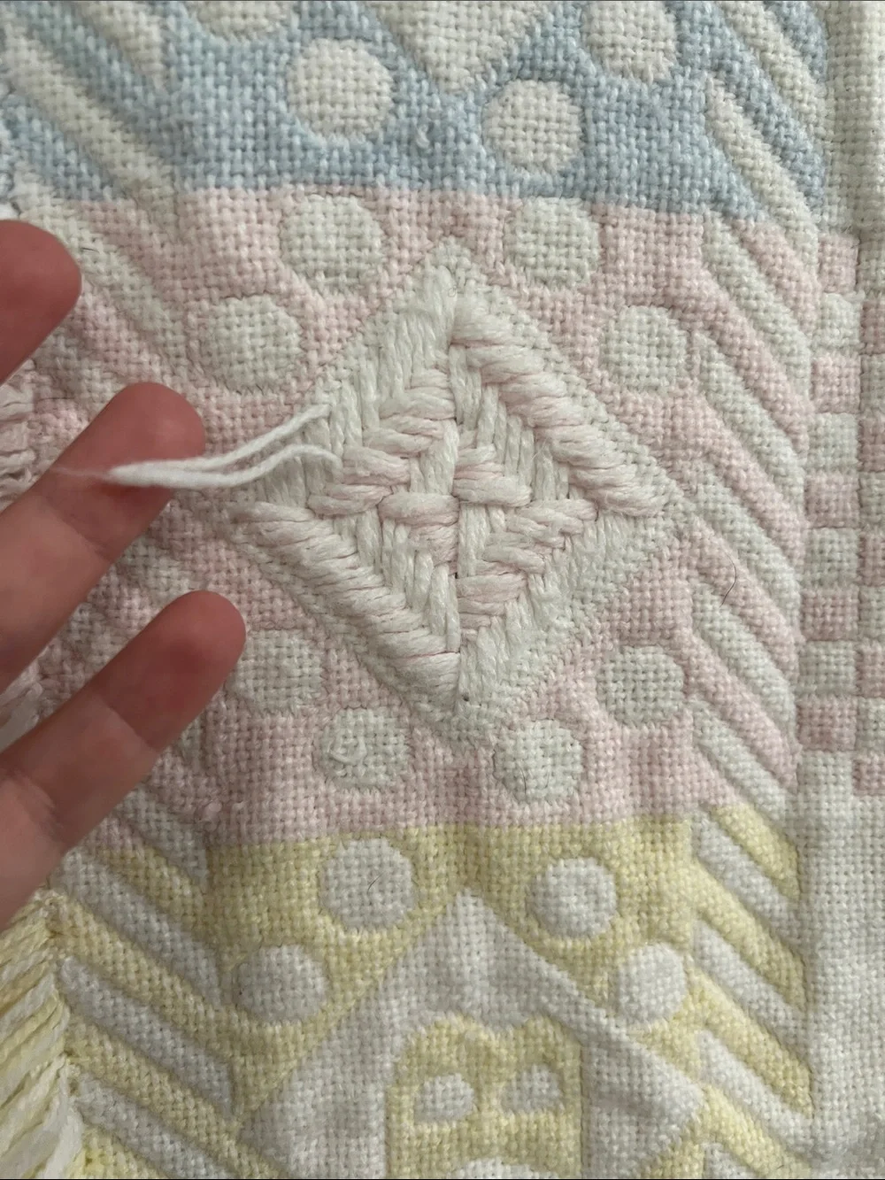 Vtg Pastel Woven Tapestry Baby Blanket Fringe Heart Bunny Bear ABC